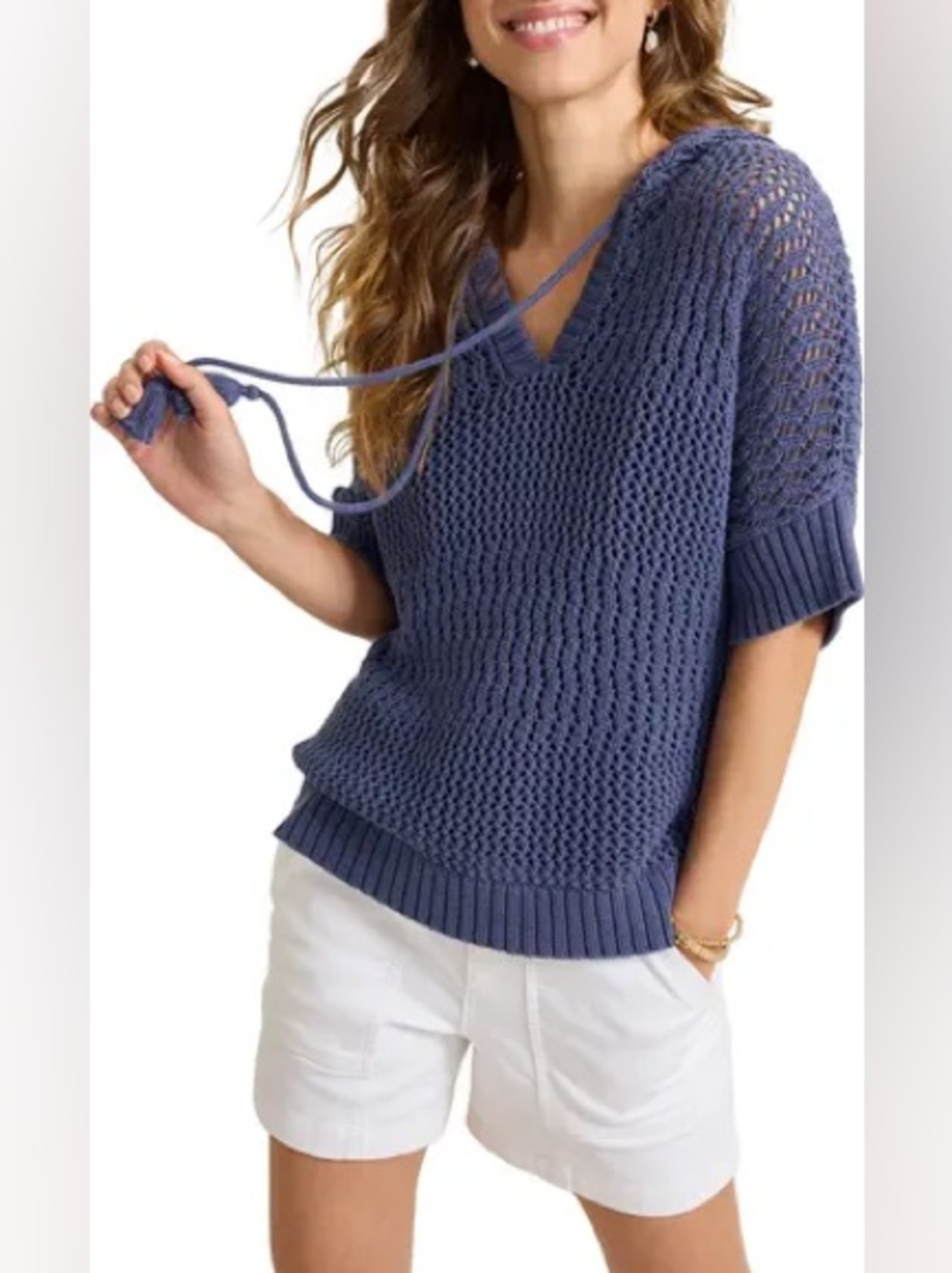 Tommy Bahama Zoe Open Stitch Baja Hoodie Cotton Beach Sweater Slate Blue S
